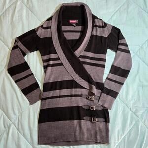 Vintage Y2K Say What? Mall Goth Emo Striped Sweater with Buckles & Shawl Collar